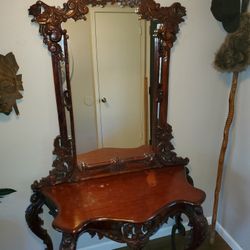 Antique wooden entry table and mirror
