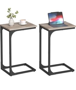 C-Shaped End Table Set of 2, Small Side Table for Couch, Sofa Table with Metal Frame for Living Room, Bedroom, Bedside, Greige and Black