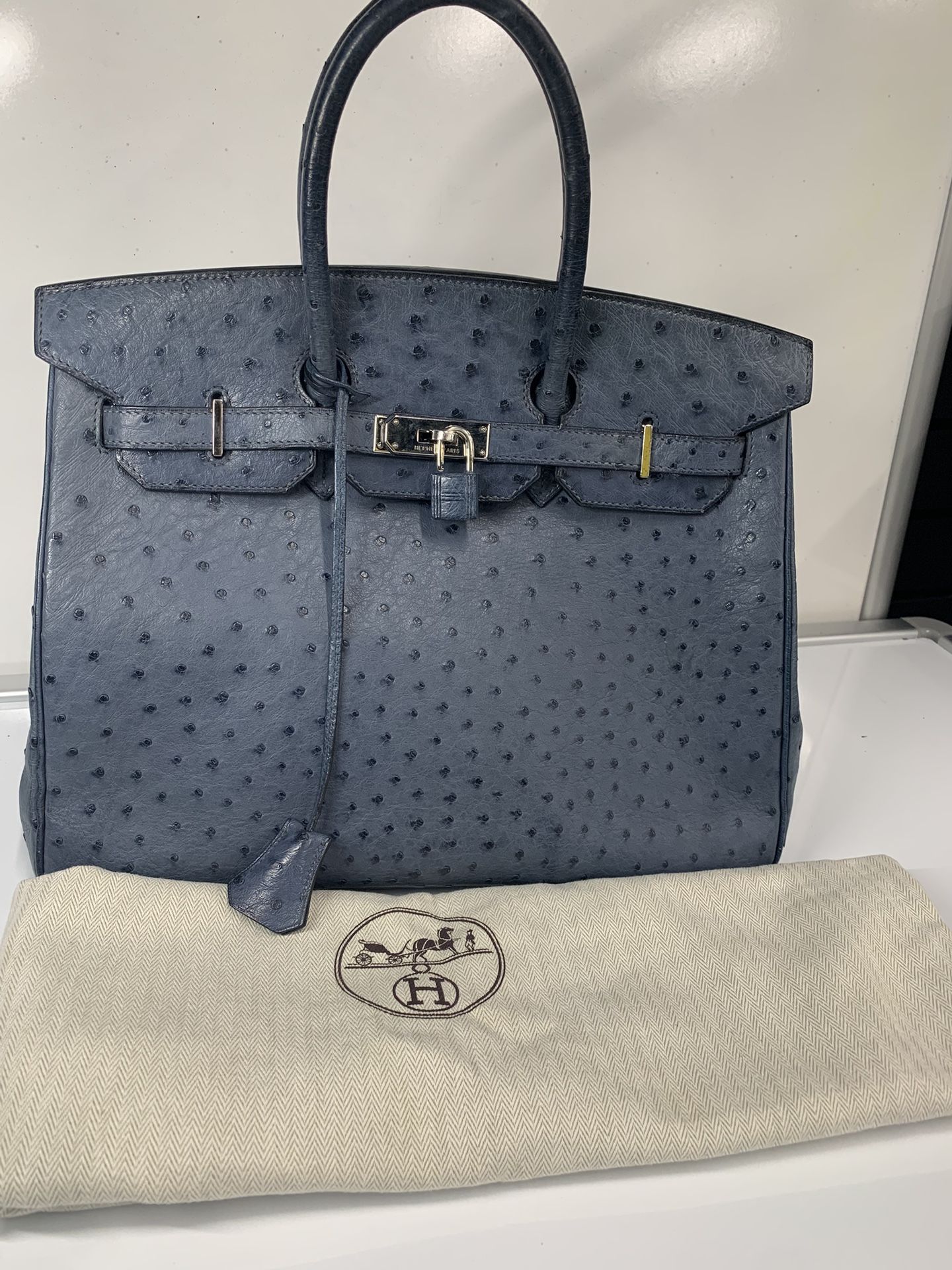 Hermes Birkin 35 in Blue Jean Ostrich Palladium Hardware with Dustbag