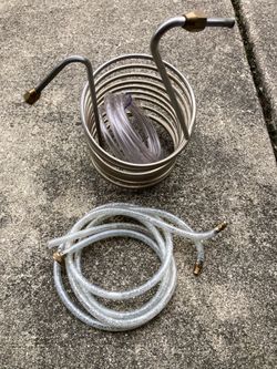 Home brewing stainless steel wort cooler with all fittings, hoses and connectors