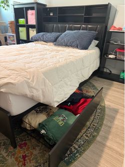 FULL BED FRAME WITH STORAGE HEADBOARD & DRAWER