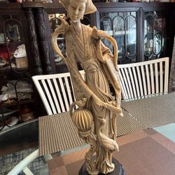 Vintage 20” Japanese Lady With Birds  Figurine Statue And Wood Stand