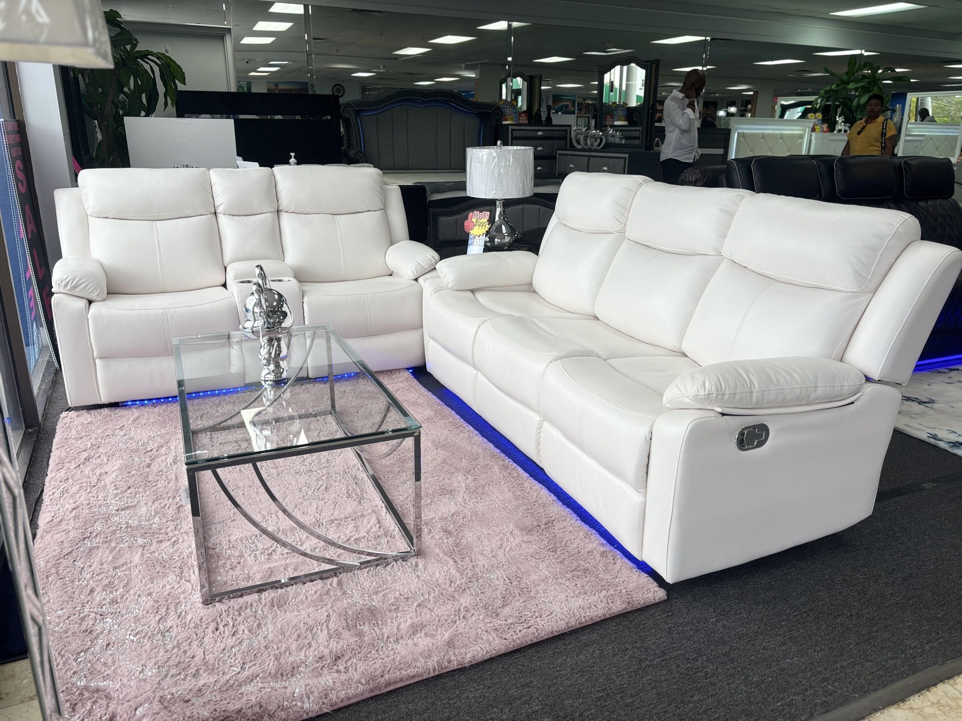 White Sofa & Loveseat Gel Leather Brand New W/ LED Lights For Sale