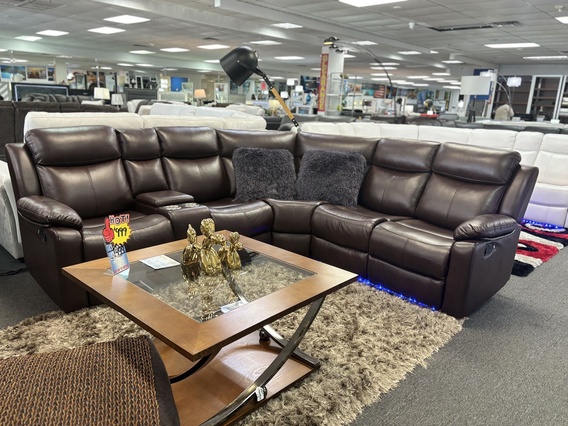 Brown Gel Leather L-shaped Sectional Couch For Sale W/ Built-in LED Lights For Sale (new)