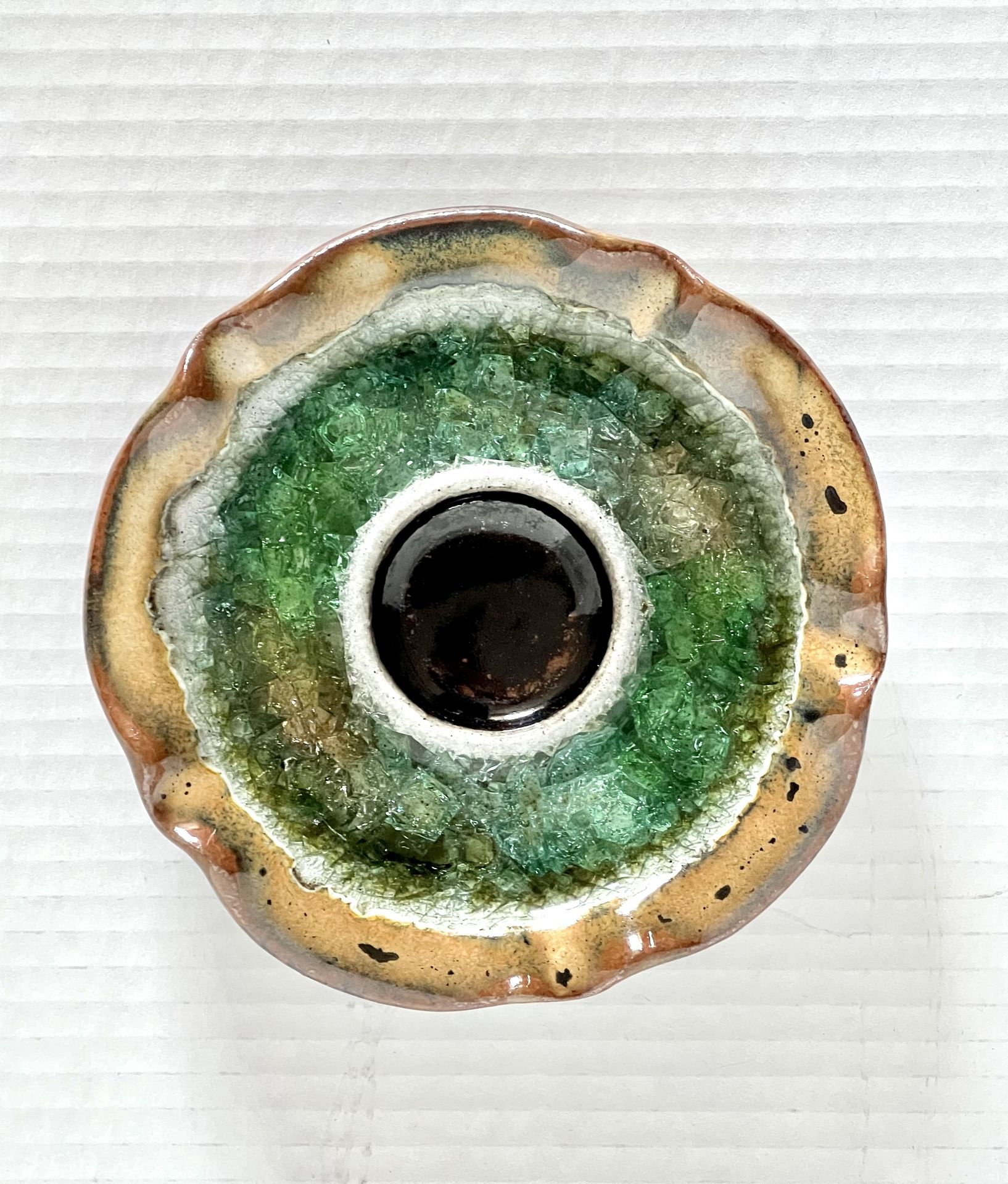 Green Brown Ceramic Infused Crackled Glass Pottery Trinket Dish Ashtray, Candle Holder 