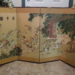 Vintage hand painted scene derived from the famous antique Chinese painting of "100 Children" on 4 panel folding silk screen, Artist Signed 