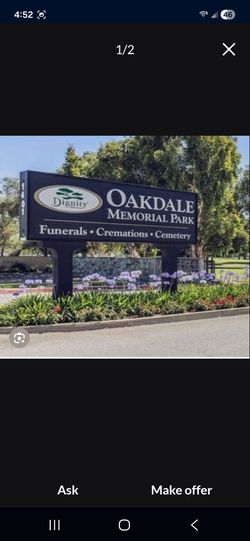 Cemetery property for 2 people. Oakdale Memory Park. In the Angel area. Cemetery crypts included. Regular price$25,000.I am giving it for only $16,000