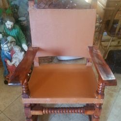Rocking Chair Wood and Leather with Flower Etchings, Size Extra Large, Made of Leather and Wood, Retired, Color Brown & Tan Color, Excellent Condition