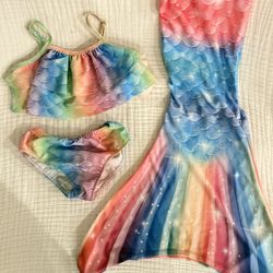 She Pretty Rainbow 2-Piece Swimwear Bikini Top Bikini Bottom And Mermaid Tail Girls Size 5-6 5t 6t