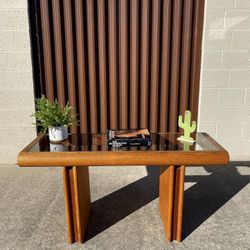1970s Vintage Modern Butcher Block Oak Scroll Edge Console Entry Table