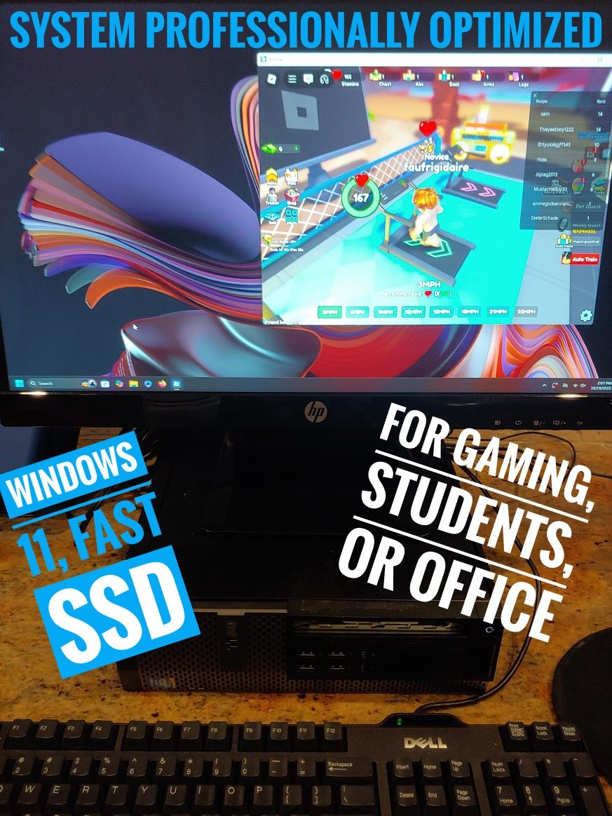 Gaming PC with 23" Monitor, Radeon 550, Windows 11, 256gb SSD, 16gb RAM, WiFi