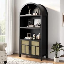 70" Arched Storage Cabinet with Doors, Rattan Tall Pantry Cabinet with Adjustable Shelves for Kitchen, Hallway, Dining Room, Living Room, Office, Blac