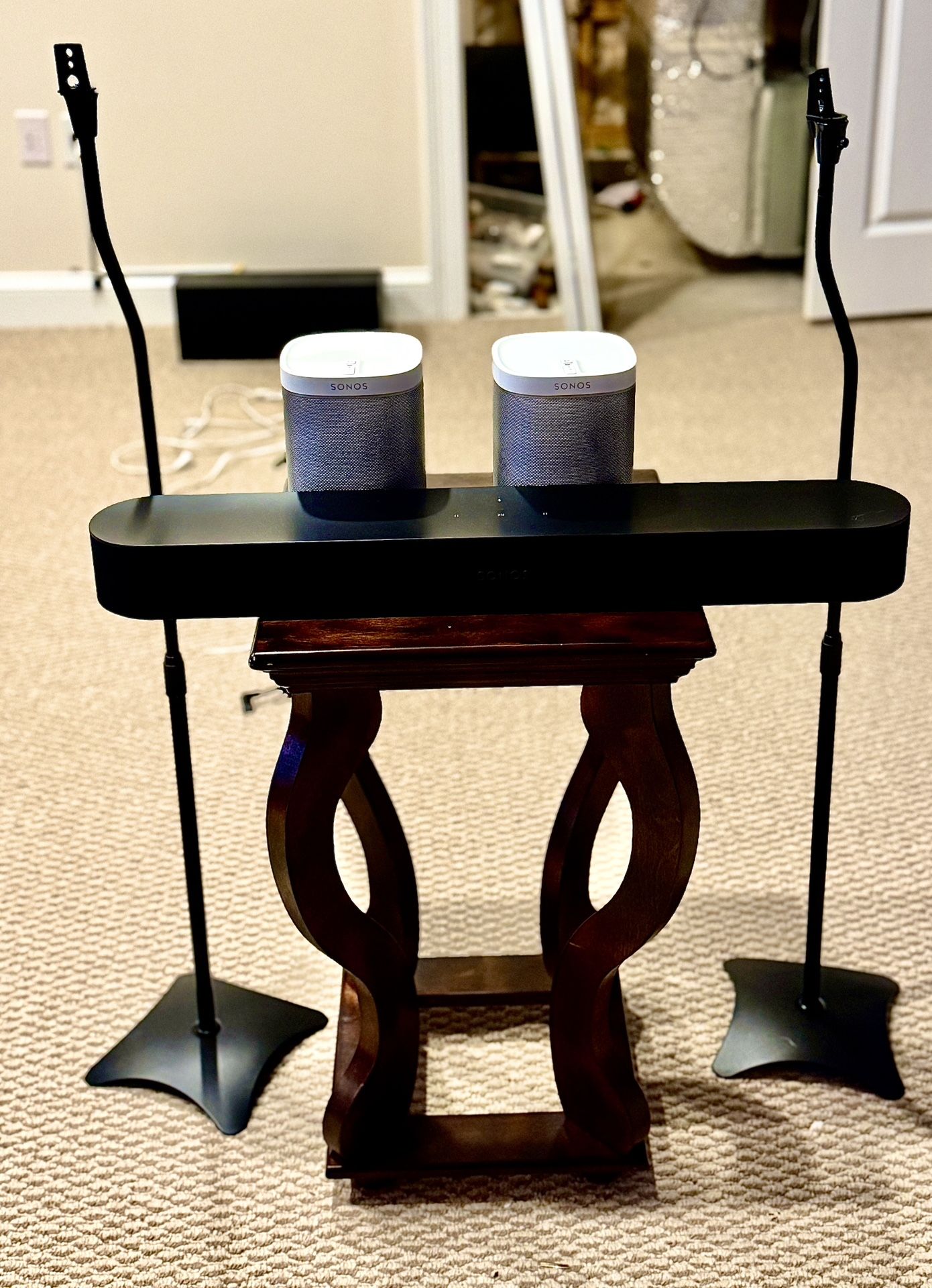 Sonos Home Theater System, Beam gen1, Pair Of Sonos Play 1 And Speaker Stands $350