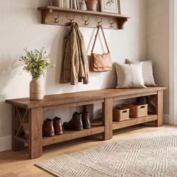LD0241 70.87" Solid Wood Entryway Shoe Bench, Farmhouse End of Bed Bench with Storage