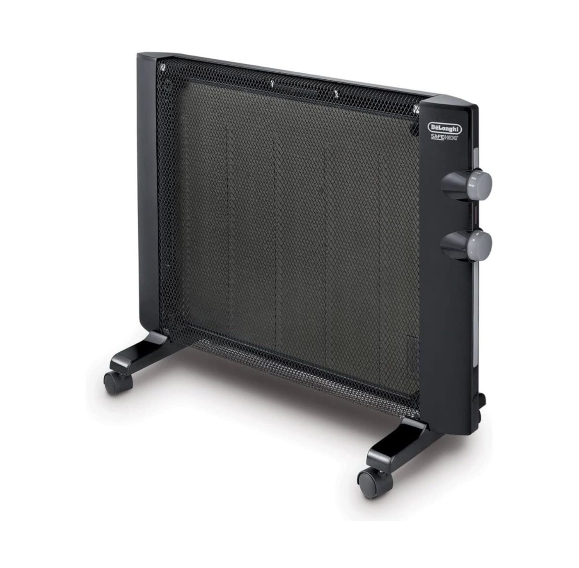 DeLonghi Mica Panel Space Heater, 1500W quiet electric space heater for indoor use, adjustable thermostat, freestanding/ easy wall mount, full room he