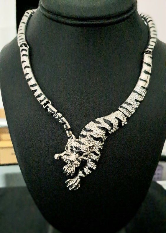 Silver Tiger Statement Necklace With Pave Crystals