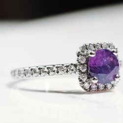 Prong-Set Cathedral Halo Engagement Ring with Amethyst
