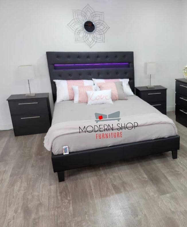 QUEEN SIZE BED AND TWO NIGHTSTANDS (MATTRESS NOT INCLUDED)