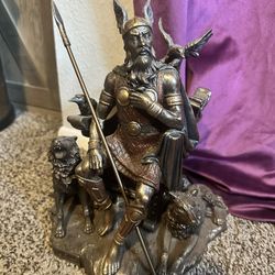 “Odin sitting with wolves and crows” Bronze statue by Studio Creations