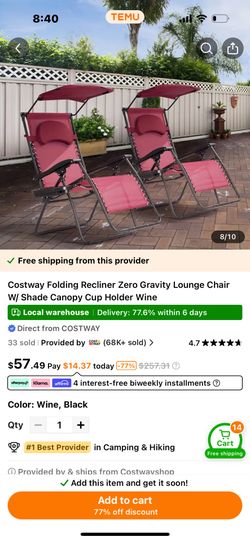 Costway Folding Recliner Zero Gravity Lounge Chair W/ Shade Canopy Cup Holder Wine