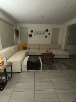 (CLOUD COMFY) Large Cream Corduroy Sectional Sofa with Ottoman