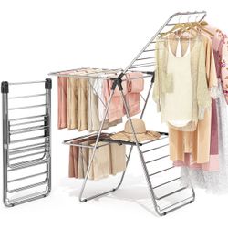 Clothes Drying Rack with 4 Wings, Drying Rack Clothing with Height-Adjustable, Foldable Gullwings Laundry Drying Rack
