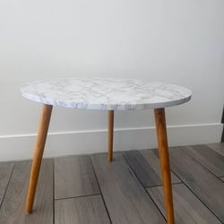 Round Faux Marble Side Table with Wood Legs