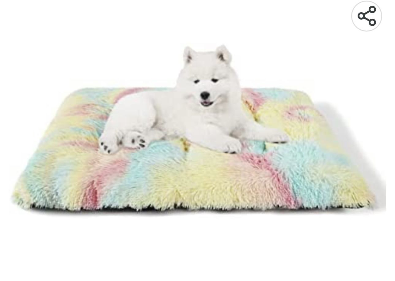 Pet Bed,Deluxe Faux Fur Dog Crate Mat with Anti-Slip Bottom.24”X18”X3”Snow Rainbow