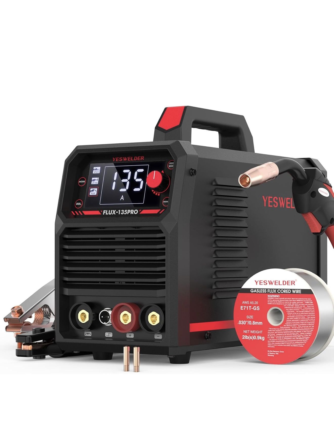 YESWELDER Soldador MIG de 135 amperios, soldador de núcleo de flujo de 110 V, núcleo de flujo MIG/elevación TIG/Stick 3 en 1 con pantalla digital LED