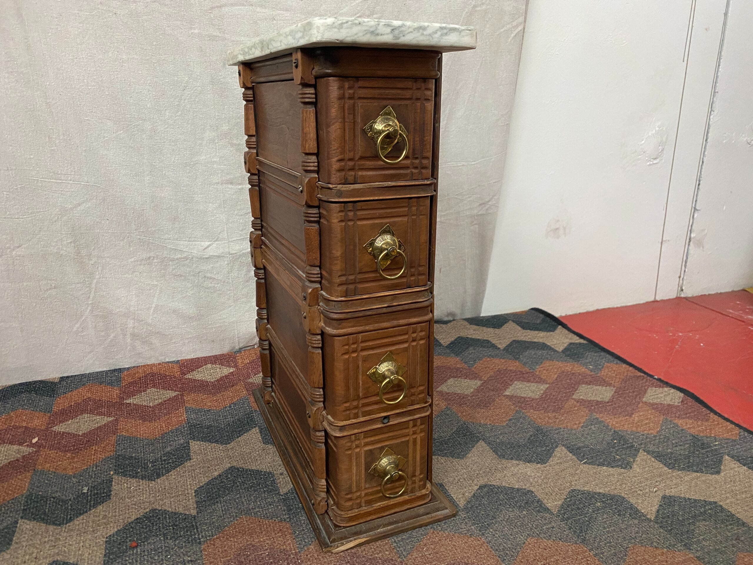 SINGER MFG CO. Vintage 4-Drawer Marble Top End Table