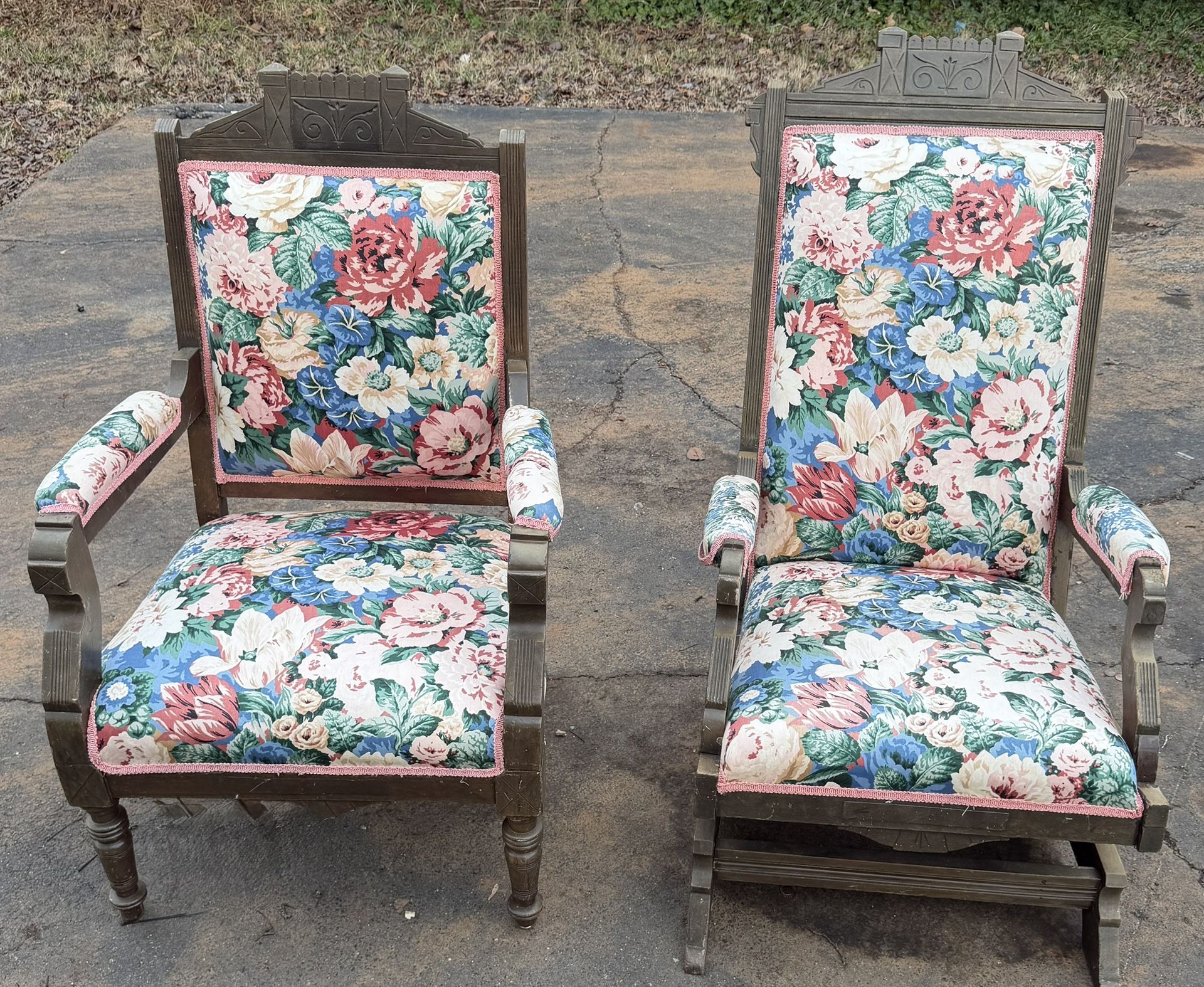 Vintage Carved Wood Accent Chairs – Floral Upholstery – Solid Wood (Pair)