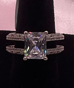Beautiful Sterling Silver & Emerald Cut Wedding Set w/Pave Throughout Both Bands Size 6 1/4
