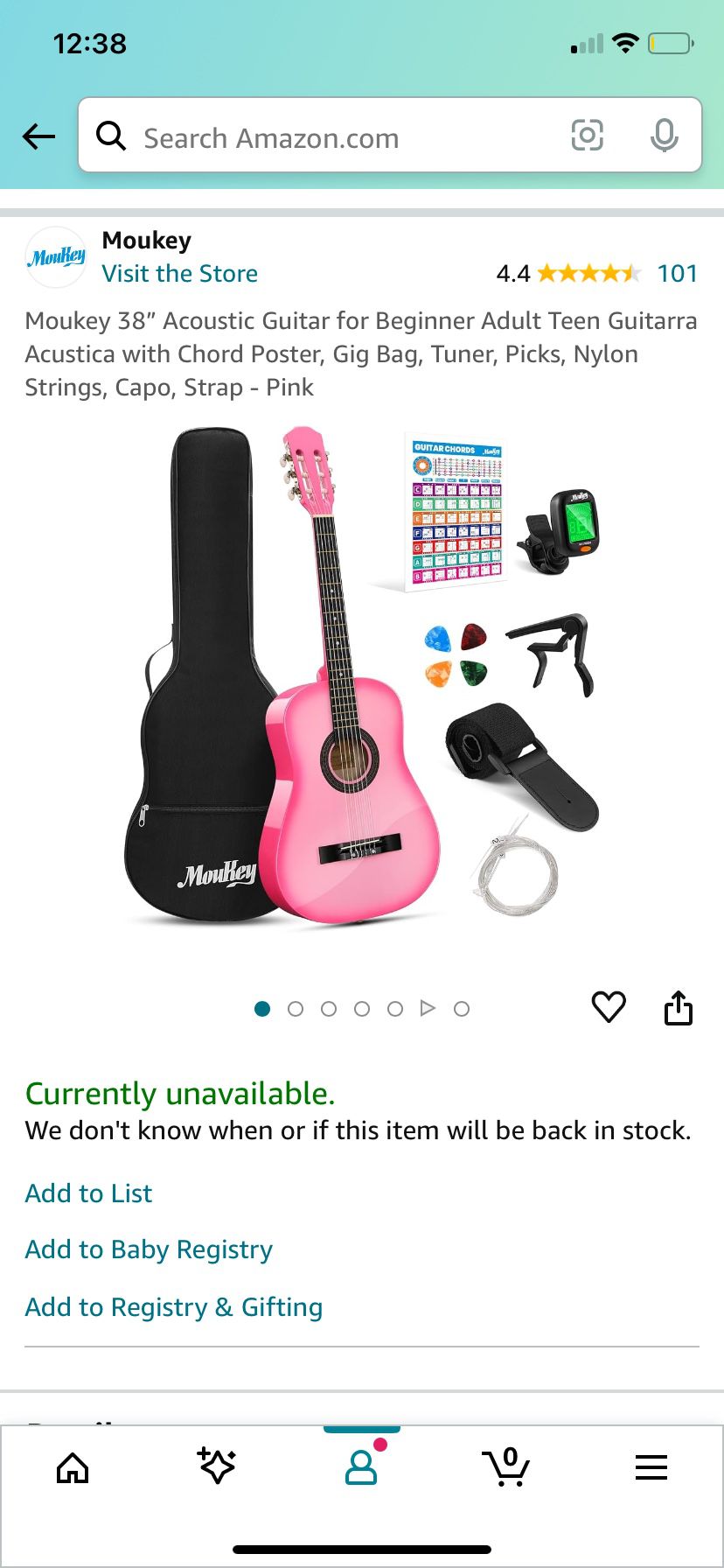 Moukey 38” Acoustic Guitar for Beginner Adult Teen Guitarra Acustica with Chord Poster, Gig Bag, Tuner, Picks, Nylon Strings, Capo, Strap - Pink