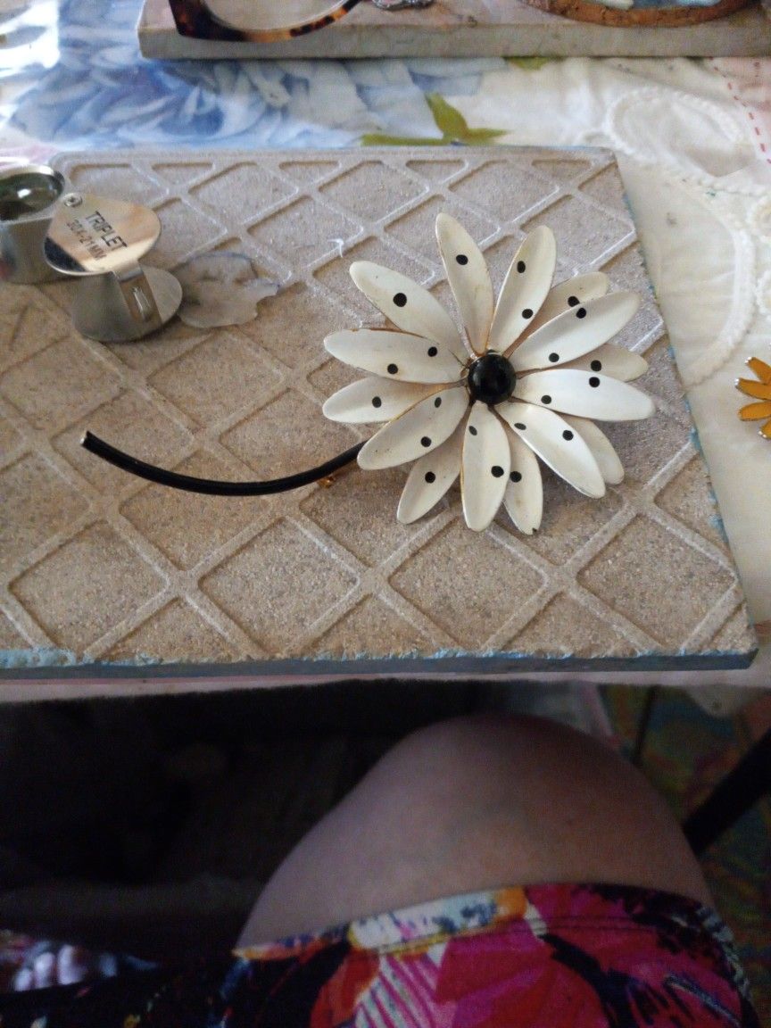 Signed Vintage Enamel Metal Flower Brooch