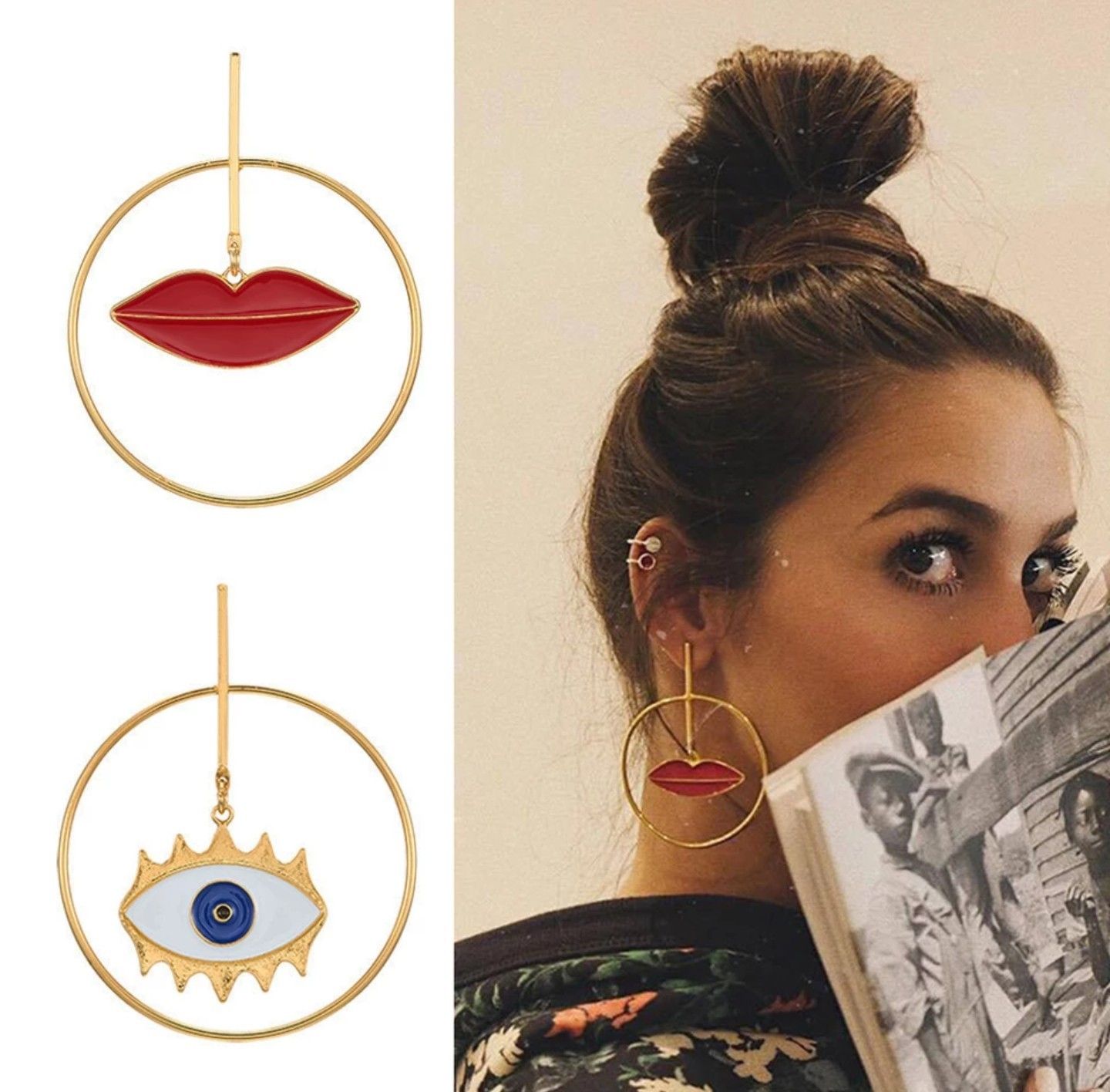 Fashion Street Style Asymmetric Lip Evil Eye Charm Gold Loop Drop Earrings