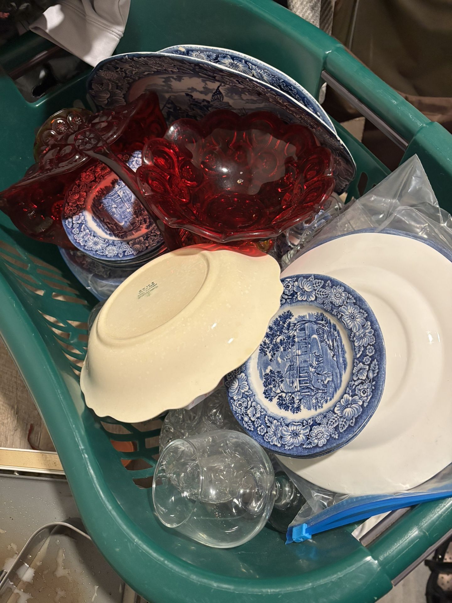 Basket Full Of Antique Dishes