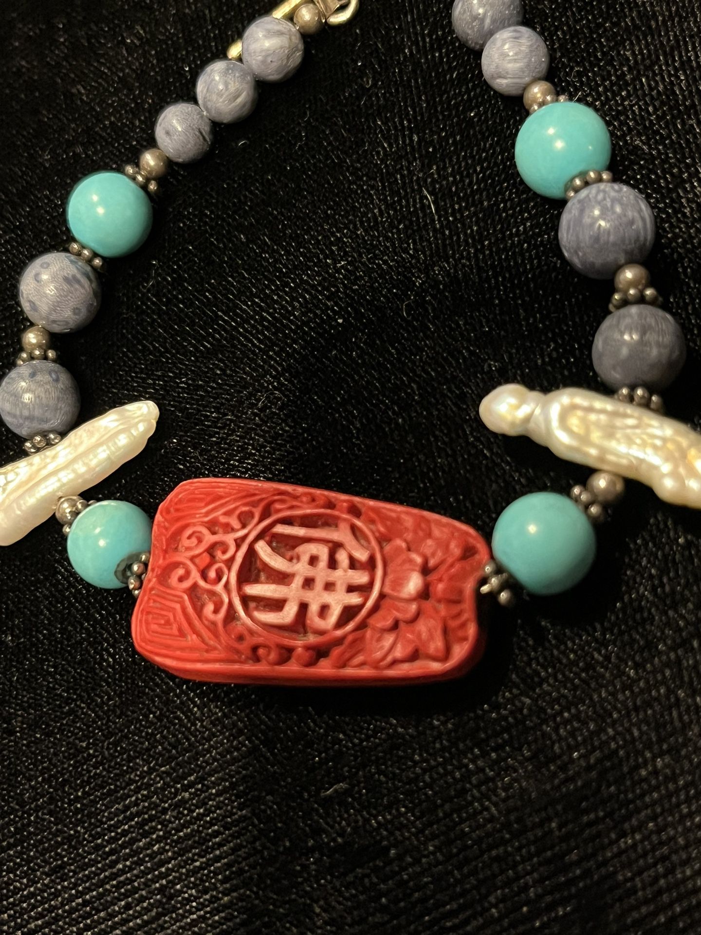 Just Reduced! Red Carved Cinnabar , Turquoise , Stick Pearls  Beaded Bracelet 