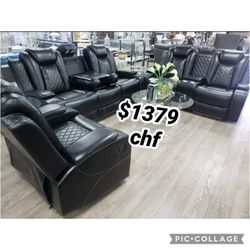 Black Breathing Leather 3 Piece Living Room Reclining Sofa Set ( Sofa +|Loveseat+ Chair )