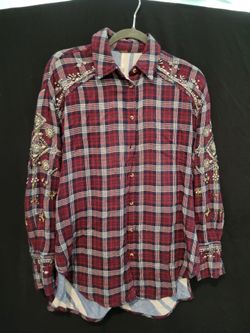 RARE Free People Embellished Plaid Flannel - Studded & Beaded Boho Top - Size XS