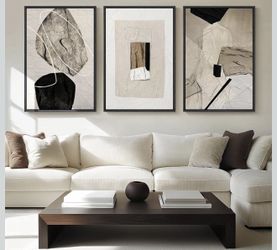 24”x36”Large Framed Neutral Abstract Wall Art for Living Room, 3 Piece Modern Canvas Prints Paintings Artwork for Walls, Black and Beige Pictures for 
