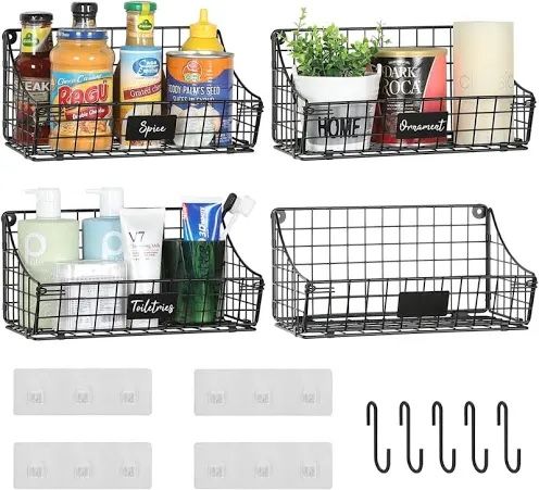 4 Pack Hanging Wall Basket for Organizing, Large Wire Baskets for Storage Pantry with 5 S Hooks+4 Strong Adhesive Wall Hooks, Wall Mounted Metal Wire