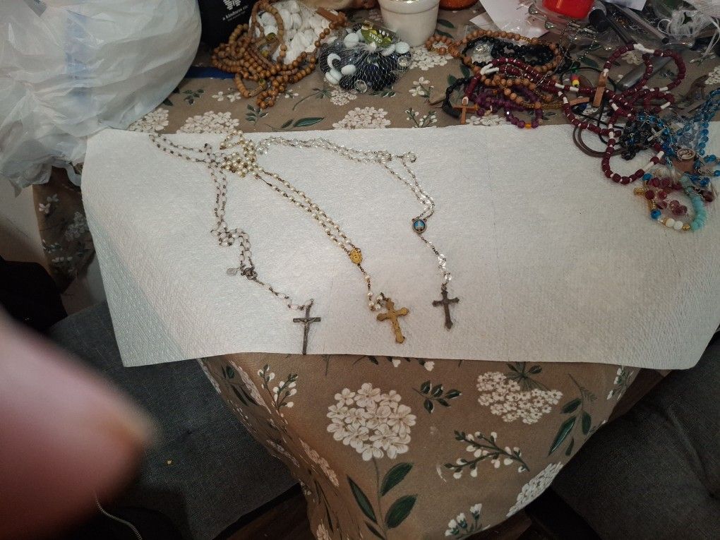 3 White Rosaries