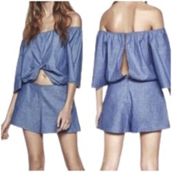 Zara Denim Off Shoulder Raw Trim Knot Cut Out Playsuit Back Teardrop Romper Small