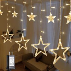 138 LED Warm White Star Icicle Lights, 8.2FT Clear Curtain Fairy String with Connectable, Timer 8 Modes Memory, Waterproof Hanging for Christmas,Ramad