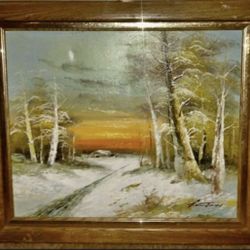 Beautiful Original Vintage Country Winter Sunset Scenic Painting Signed & Framed 29x26.