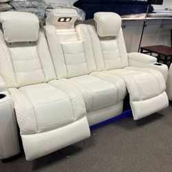 Ashley White Party Time Power Reclining Sofa- Drop Down Table and Cupholders 