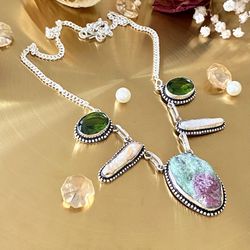 Rough Ruby Zoisite, Biwa Pearl And Peridot 925 Sterling Silver Overlay Necklace