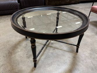 Round Black Glass Top Coffee Table with Bamboo Style Crossed Base