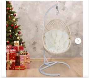 37 in. W Beige Wicker Rattan Freestanding Patio Swing Egg Chair CushionStand