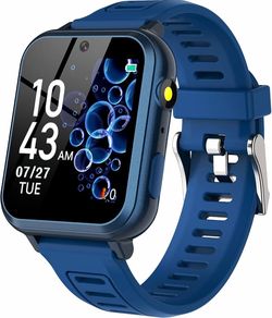 Multifunctional kids smart watch has a blue silicone band and an alloy shell. It features a built-in HD camera, flashlight, and USB charging port. The